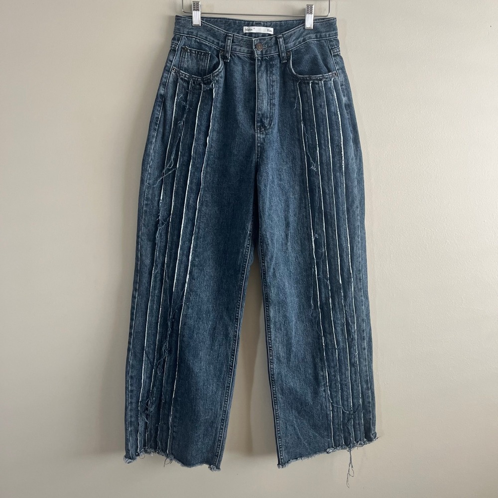 Matin Kim Wide Leg Jeans Frayed Seam Detail Dark Wash Raw Hem Size M